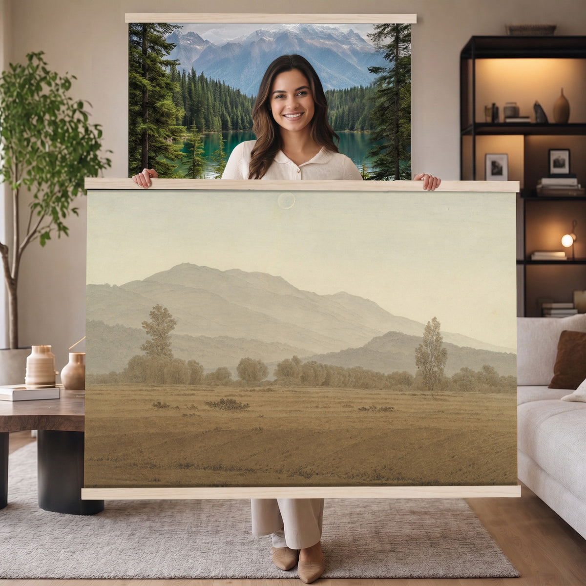 65089395-MGV-TP-30X20 - Realism oil study tapestry wall hanging of "Landscape Study at Grez-sur-Loing" by Frans Van Leemputten, showing an open field study at Grez-sur-Loing, with loose brushwork across low crops, hedgerows, and a soft French sky in soft field greens and warm earth tones under a pale washed sky. Extra large wall art, made in the USA.