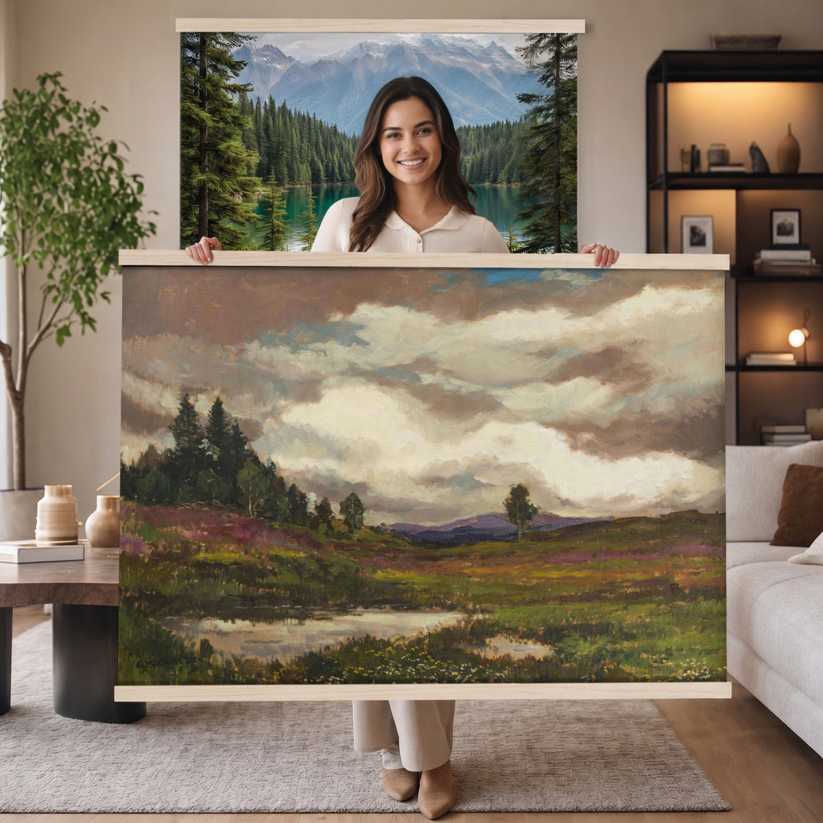 51034939-MGV-TP-30X20 - Impressionism oil painting tapestry wall hanging of "Flowering Meadow" by Olga Wisinger-Florian, showing a bright meadow of white wildflowers and green bushes rising toward a shaded purple hillside in white wildflowers and green bushes under a purple forest hillside. Extra large wall art, made in the USA.