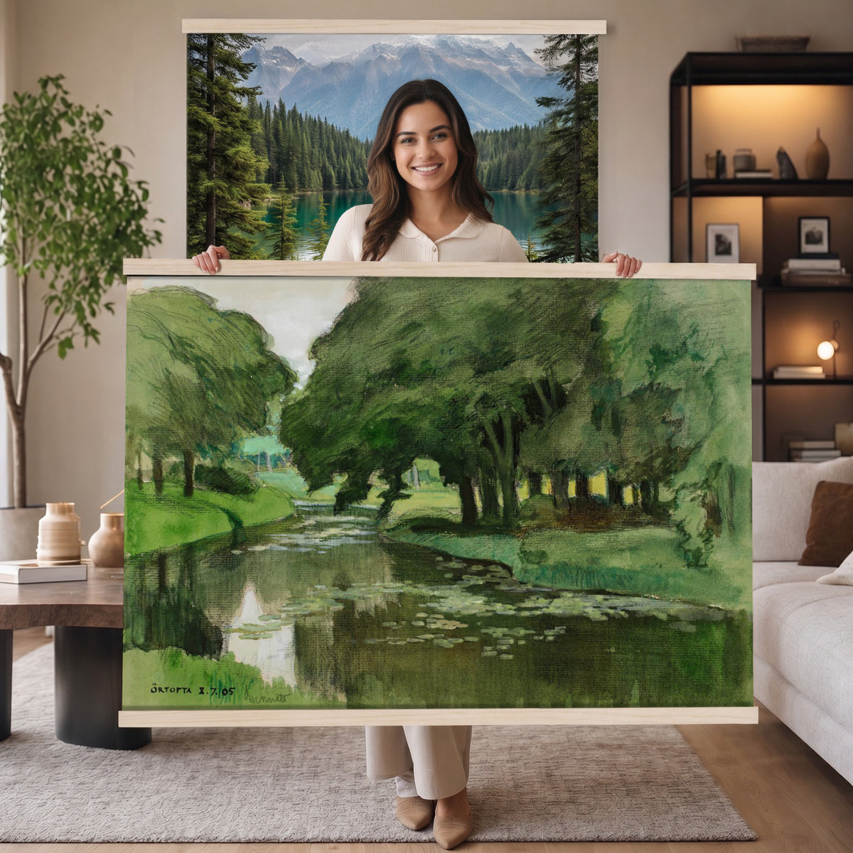 91917894-MGV-TP-30X20 - Tonalism oil painting tapestry wall hanging of "Hill and Marshland" by Charles Harold Davis, showing a low marsh threaded with still water channels, tall reeds, and a rounded hill under a wide luminous sky in muted marsh greens and browns under a wide pale luminous sky. Extra large wall art, made in the USA.