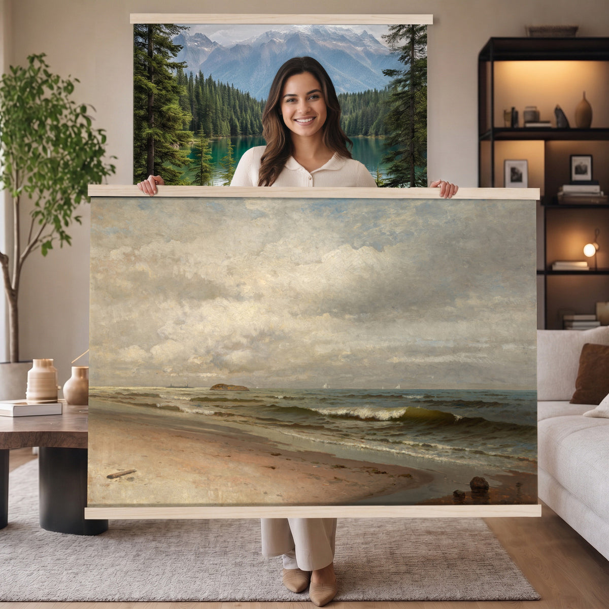 14251382-MGV-TP-30X20 - Impressionism oil painting tapestry wall hanging of "View of the Seacoast near Wargemont in Normandy" by Pierre-Auguste Renoir, showing green Normandy cliffs rolling down to a bright sea, with scattered shrubs and a light-filled summer sky in fresh greens and soft blues with warm sunlit highlights. Extra large wall art, made in the USA.