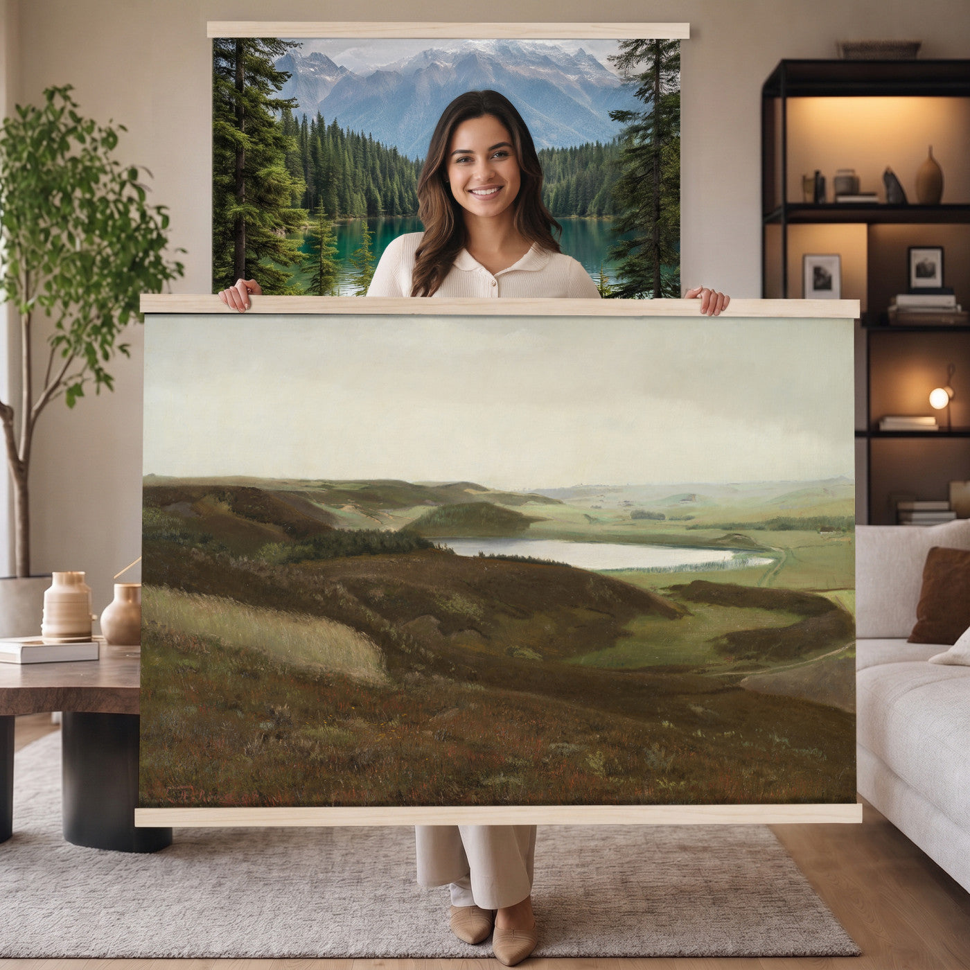 13706816-MGV-TP-30X20 - Expressionism oil painting tapestry wall hanging of "Dunes" by James Ensor, showing a steep dune ridge cutting across the canvas, with wind-bent grasses and a heavy sky pressing down behind it in muted sand and olive dune tones under a dark weighted sky. Extra large wall art, made in the USA.