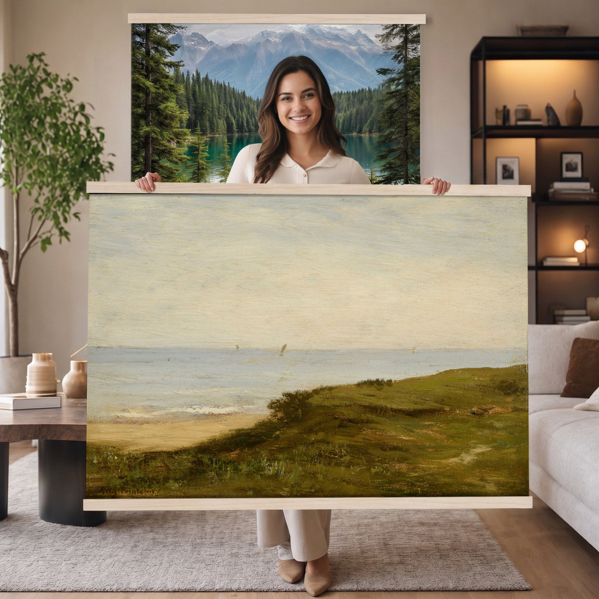 33440930-MGV-TP-30X20 - Impressionism oil painting tapestry wall hanging of "Beach Dunes" by Max Clarenbach, showing low rolling sand dunes topped with pale beach grass, opening toward a quiet sea under a wide soft sky in pale sand tones and dune grass under a wide soft blue-grey sky. Extra large wall art, made in the USA.