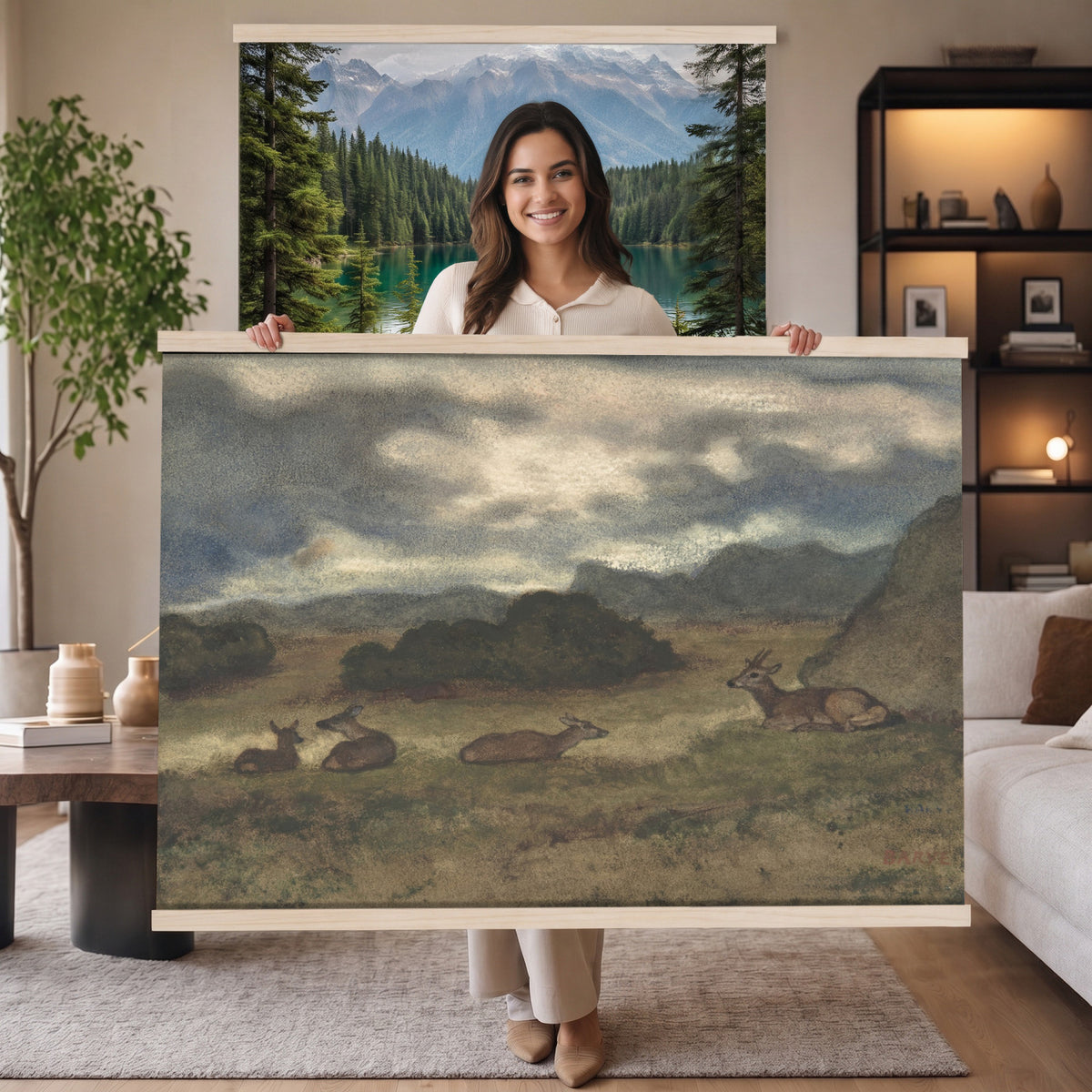 72841227-MGV-TP-30X20 - Realism oil painting tapestry wall hanging of "Bohmisch-Mahrische Hohe" by Ferdinand Engelmuller, showing a snow-covered highland village with low cottages, bare trees, and deep drifts stretching toward pale winter hills in cool white snow with warm ochre cottage walls under a pale winter sky. Extra large wall art, made in the USA.