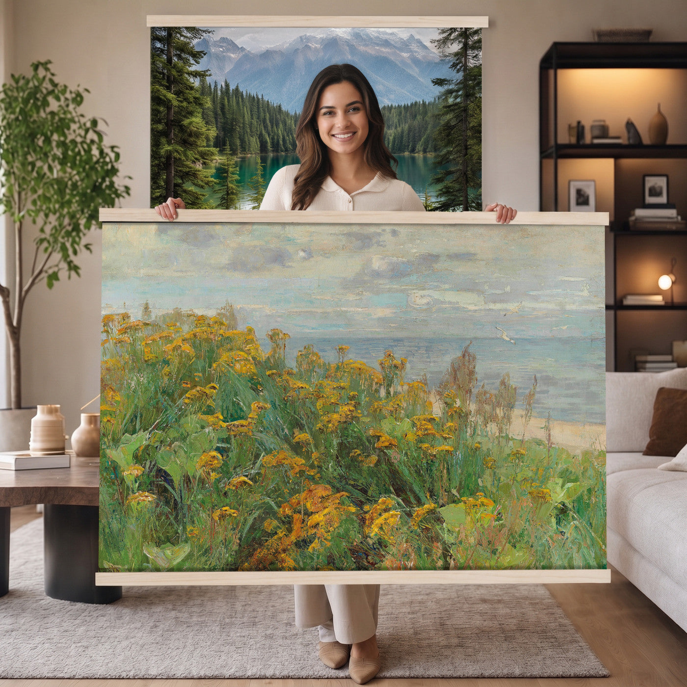 16996210-MGV-TP-30X20 - Impressionism oil painting tapestry wall hanging of "Blumenwiese" by Alexander Koester, showing a thick summer meadow packed with white and yellow wildflowers, tall grasses, and sunlit greenery in white and yellow wildflowers across deep summer green grass. Extra large wall art, made in the USA.