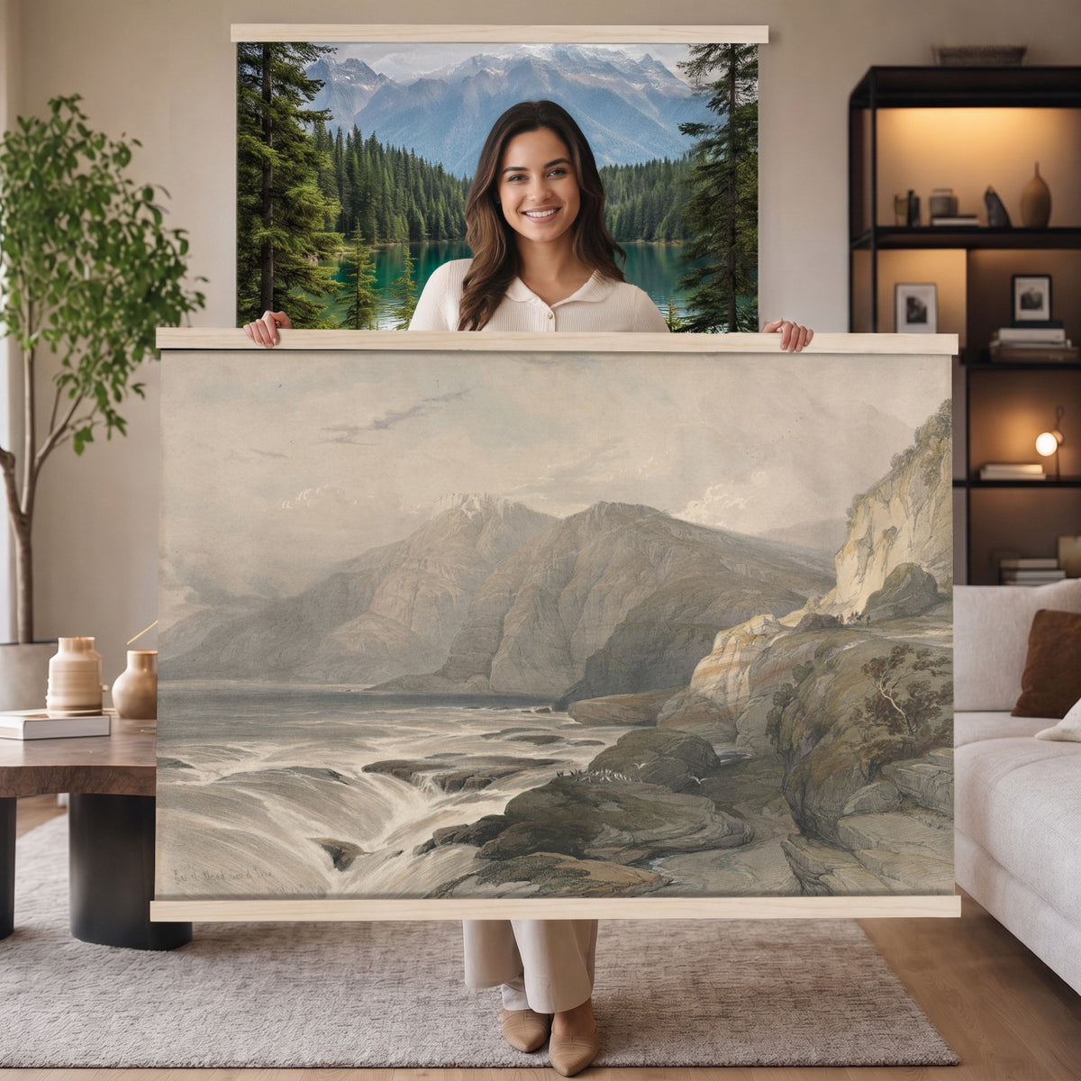 36494221-MGV-TP-30X20 - Realism oil painting tapestry wall hanging of "Stormy Sea" by Alfred Jensen, showing heavy breaking waves rolling under a dark storm sky, with white foam catching the last light on the water in deep grey-green waves with white foam under a heavy storm sky. Extra large wall art, made in the USA.