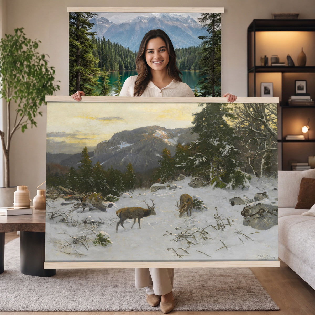 88363585-MGV-TP-30X20 - Realism oil painting tapestry wall hanging of "Rotwild" by Franz Xaver von Pausinger, showing a herd of red deer resting in a quiet clearing, tall grasses, and dark forest edges fading into soft light in warm russet deer coats against deep forest green and golden grass. Extra large wall art, made in the USA.