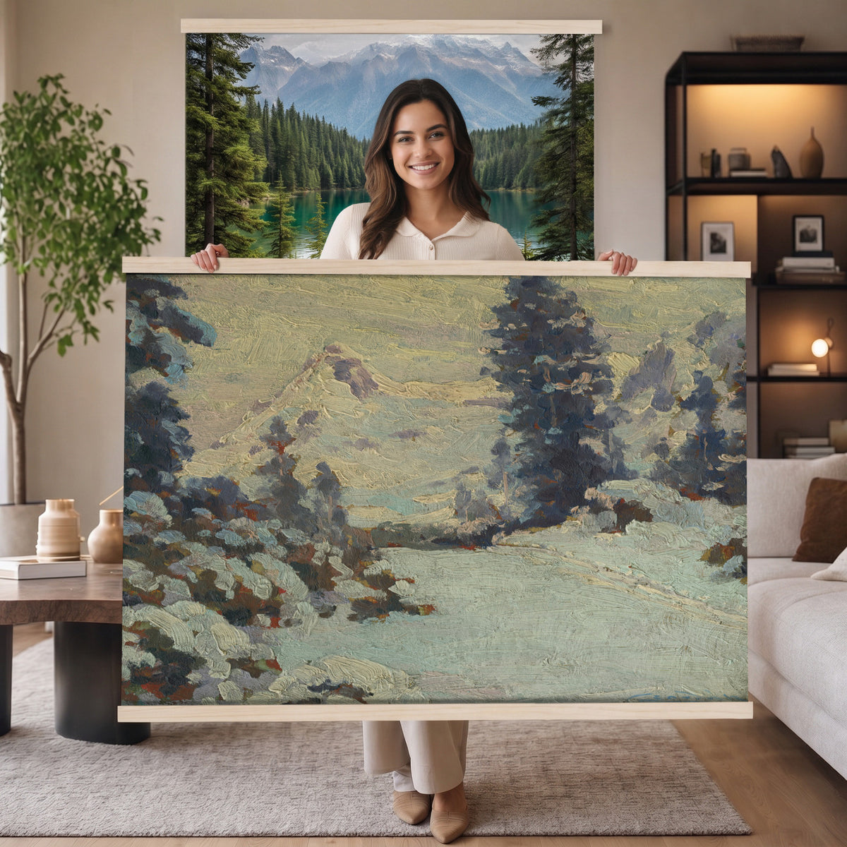 66869729-MGV-TP-30X20 - Realism oil painting tapestry wall hanging of "An Evening in March" by Charlotte Wahlstrom, showing bare late-winter trees along a still river, patches of melting snow, and a low golden evening light on the horizon in cool blue snow shadows against a warm amber sunset sky. Extra large wall art, made in the USA.