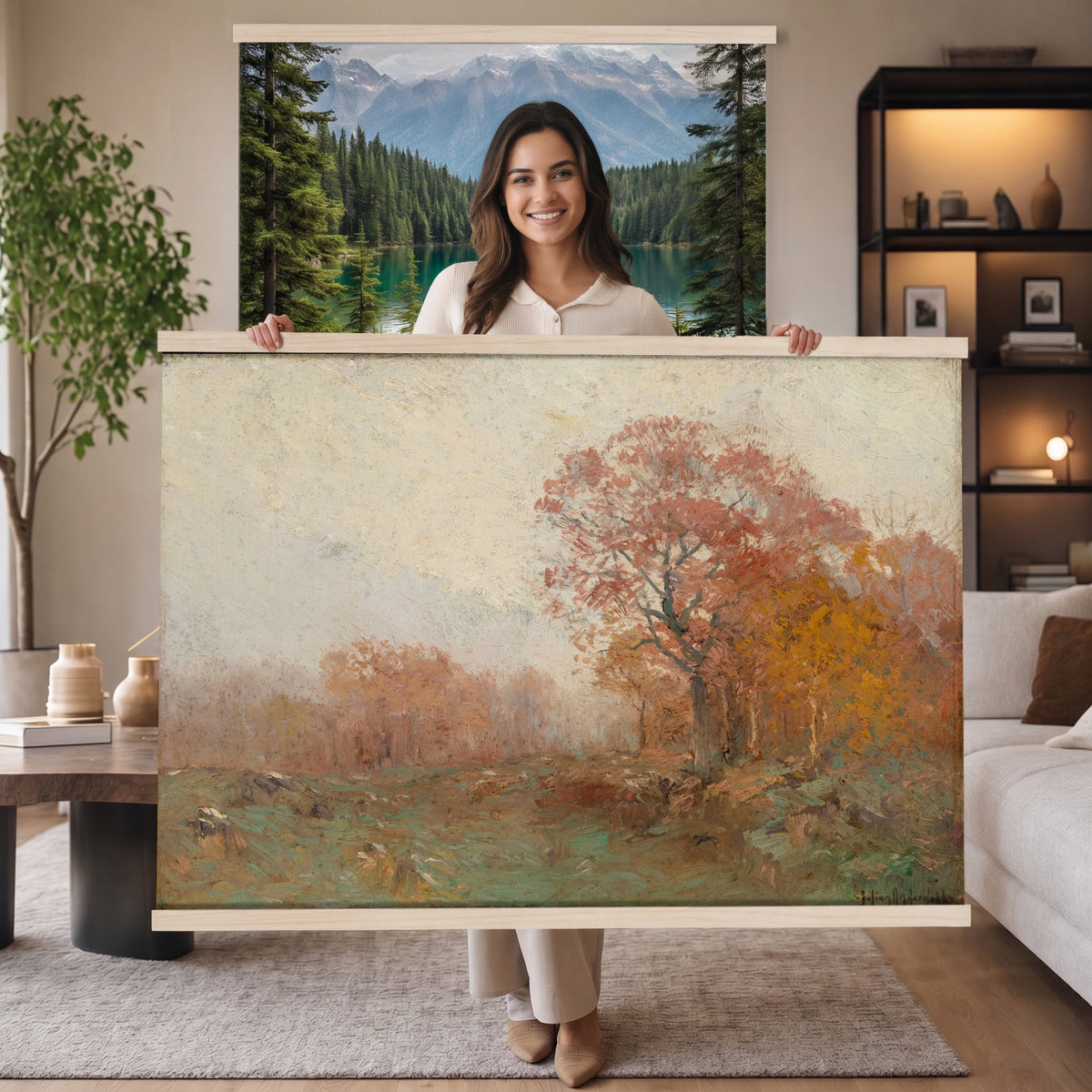 10997793-MGV-TP-30X20 - Tonalism watercolor tapestry wall hanging of "Field of Varicolored Grasses in Late Summer (In the Virginia Hills)" by William Henry Holmes, showing sun-flecked yellow, purple, and reddish grasses spreading across peaceful rolling hills under a warm twilight atmosphere in a colorful meadow and green trees under a soft pale purple sky. Extra large wall art, made in the USA.