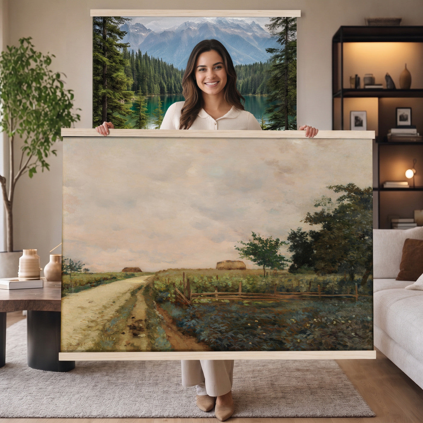 25709765-MGV-TP-30X20 - Realism watercolor tapestry wall hanging of "Landscape with a Windmill" by Jean-Baptiste-Arthur Calame, showing a winding dirt road, traditional thatched-roof farmhouses, and a historic windmill sitting peacefully on the distant horizon in soft brown and green tones under a cloudy sky. Extra large wall art, made in the USA.