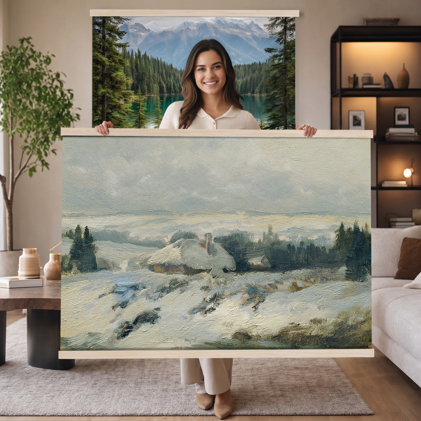 95240376-MGV-TP-30X20 - Realism oil painting tapestry wall hanging of "Bohmisch-Mahrische Hohe" by Ferdinand Engelmuller, showing a snow-covered highland village with low cottages, bare trees, and deep drifts stretching toward pale winter hills in cool white snow with warm ochre cottage walls under a pale winter sky. Extra large wall art, made in the USA.