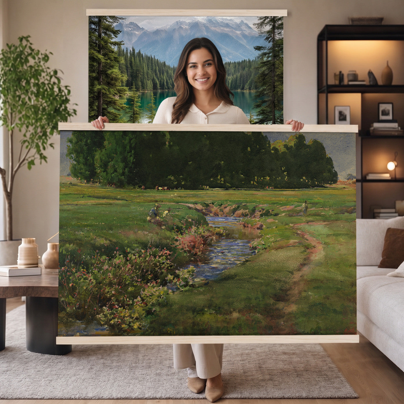 28805531-MGV-TP-30X20 - Tonalism watercolor tapestry wall hanging of "The Babbling Brook" by William Henry Holmes, showing a small brook running through open meadow grass, with soft banks, low shrubs, and a gentle rise beyond in fresh meadow greens with pale blue water and a soft light sky. Extra large wall art, made in the USA.