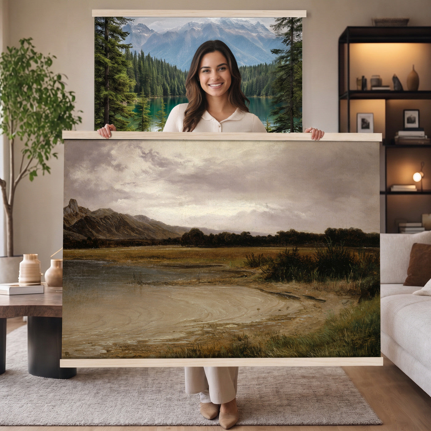 59141025-MGV-TP-30X20 - Romanticism oil study tapestry wall hanging of "A Lake Landscape" by Joseph Selleny, showing a still mountain lake under gathering storm clouds, with steep dark slopes falling straight into the water in deep slate blue water and dark mountain slopes under a heavy grey sky. Extra large wall art, made in the USA.