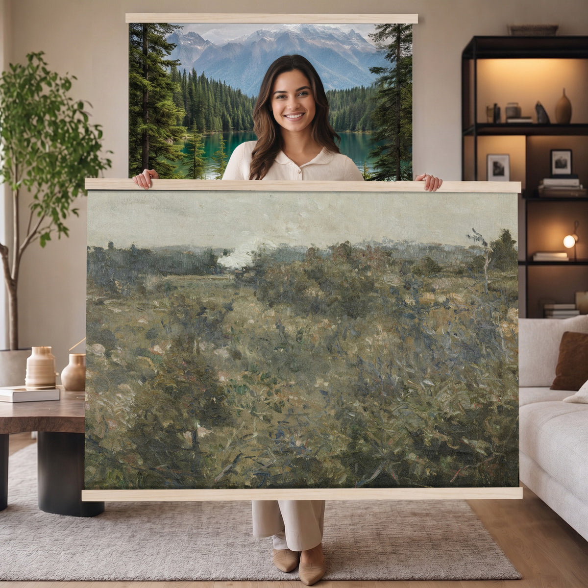 17414183-MGV-TP-30X20 - Realism oil study tapestry wall hanging of "Landscape Study at Grez-sur-Loing" by Frans Van Leemputten, showing an open field study at Grez-sur-Loing, with loose brushwork across low crops, hedgerows, and a soft French sky in soft field greens and warm earth tones under a pale washed sky. Extra large wall art, made in the USA.