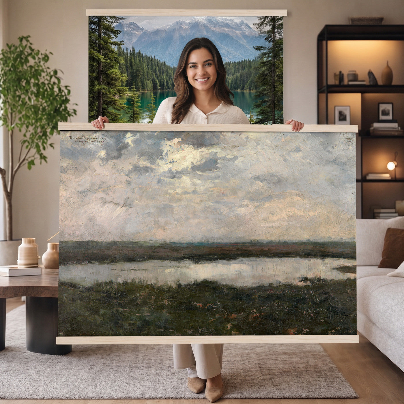 57830037-MGV-TP-30X20 - Neo Impressionism oil painting tapestry wall hanging of "Pool in the Kempen" by Theo van Rysselberghe, showing a still heath pool in the Campine, ringed by low scrub and slender birches under a soft northern sky in cool blue-green water with pale heath grasses and slim birch trunks. Extra large wall art, made in the USA.