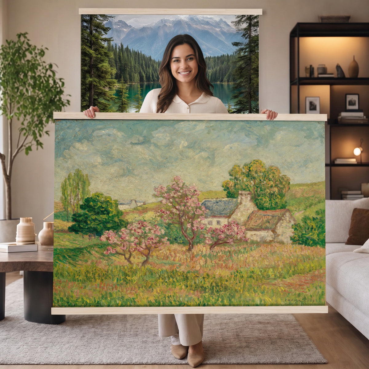 67494912-MGV-TP-30X20 - Post Impressionism oil painting tapestry wall hanging of "Spring" by Ernest de Chamaillard, showing a stone Breton cottage behind a blossoming tree in full pink bloom, with a bright spring garden around it in soft pink blossoms against grey stone walls and new spring green. Extra large wall art, made in the USA.