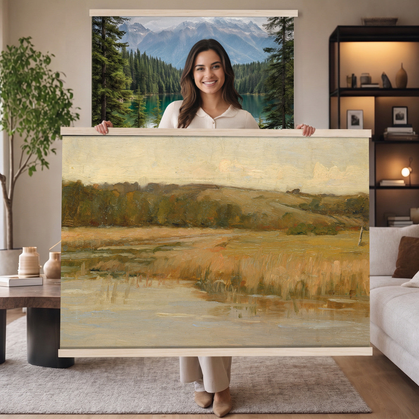 94353895-MGV-TP-30X20 - Tonalism oil painting tapestry wall hanging of "Hill and Marshland" by Charles Harold Davis, showing a low marsh threaded with still water channels, tall reeds, and a rounded hill under a wide luminous sky in muted marsh greens and browns under a wide pale luminous sky. Extra large wall art, made in the USA.