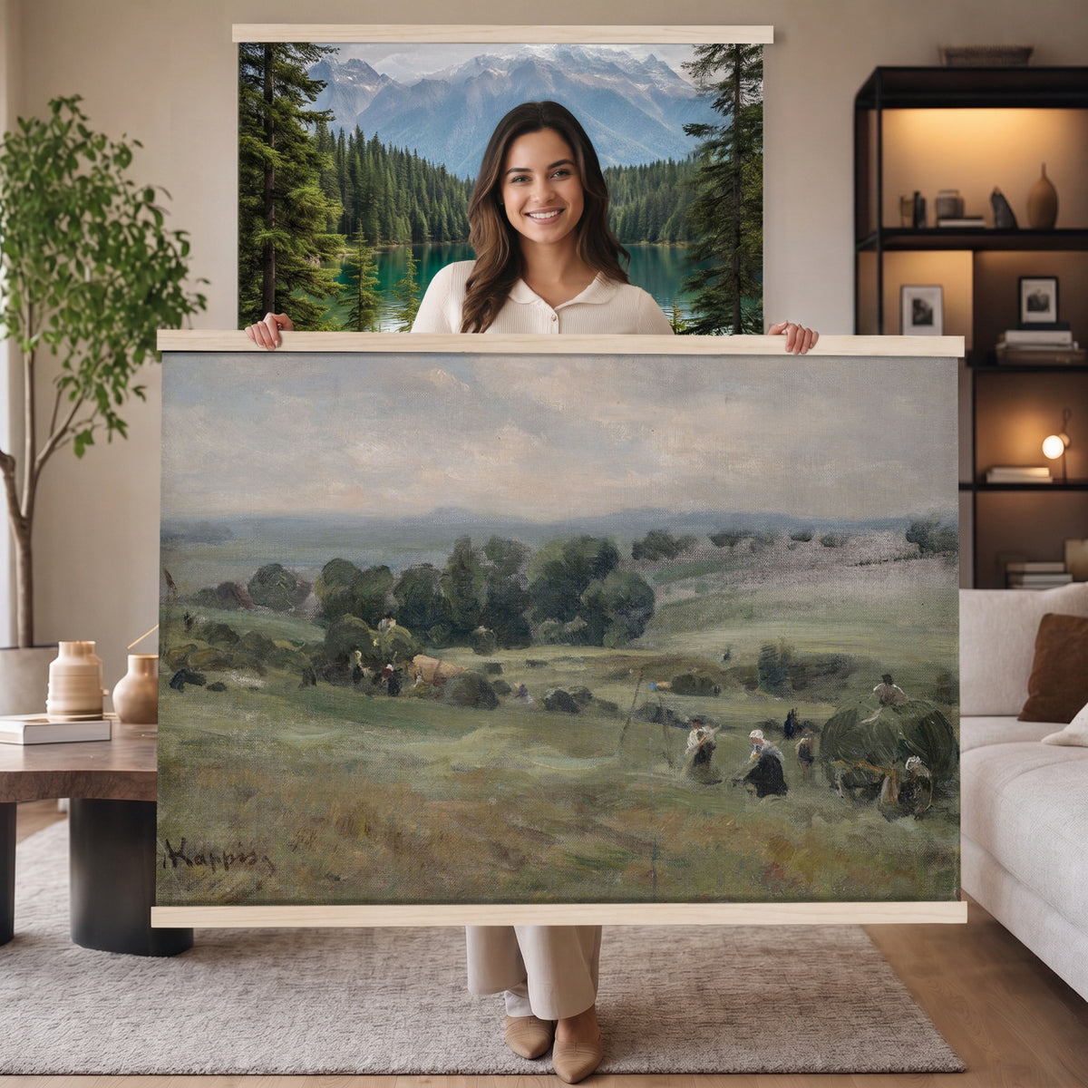 98563887-MGV-TP-30X20 - Realism oil painting tapestry wall hanging of "Heuernte" by Albert Kappis, showing farmworkers gathering hay in a wide summer field, with loaded carts, tall stacks, and a warm open sky in warm golden hay tones with green field edges under a bright summer sky. Extra large wall art, made in the USA.