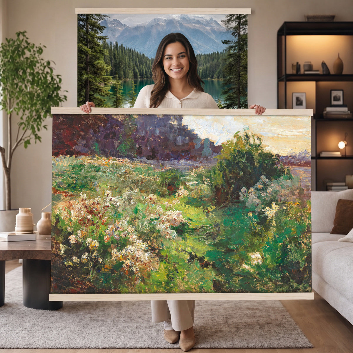 44961601-MGV-TP-30X20 - Impressionism oil painting tapestry wall hanging of "Flowering Meadow" by Olga Wisinger-Florian, showing a bright meadow of white wildflowers and green bushes rising toward a shaded purple hillside in white wildflowers and green bushes under a purple forest hillside. Extra large wall art, made in the USA.