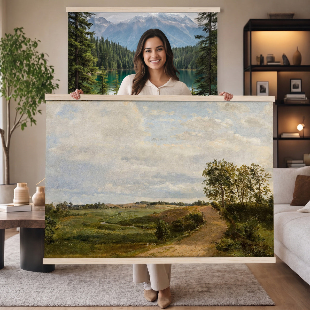 53363268-MGV-TP-30X20 - Realism oil study tapestry wall hanging of "Road across the Hills, Study" by Dankvart Dreyer, showing a bare country road climbing across open hills, with low scrub, worn ruts, and a wide Danish sky above in warm sandy road tones and dry hill greens under a pale wide sky. Extra large wall art, made in the USA.