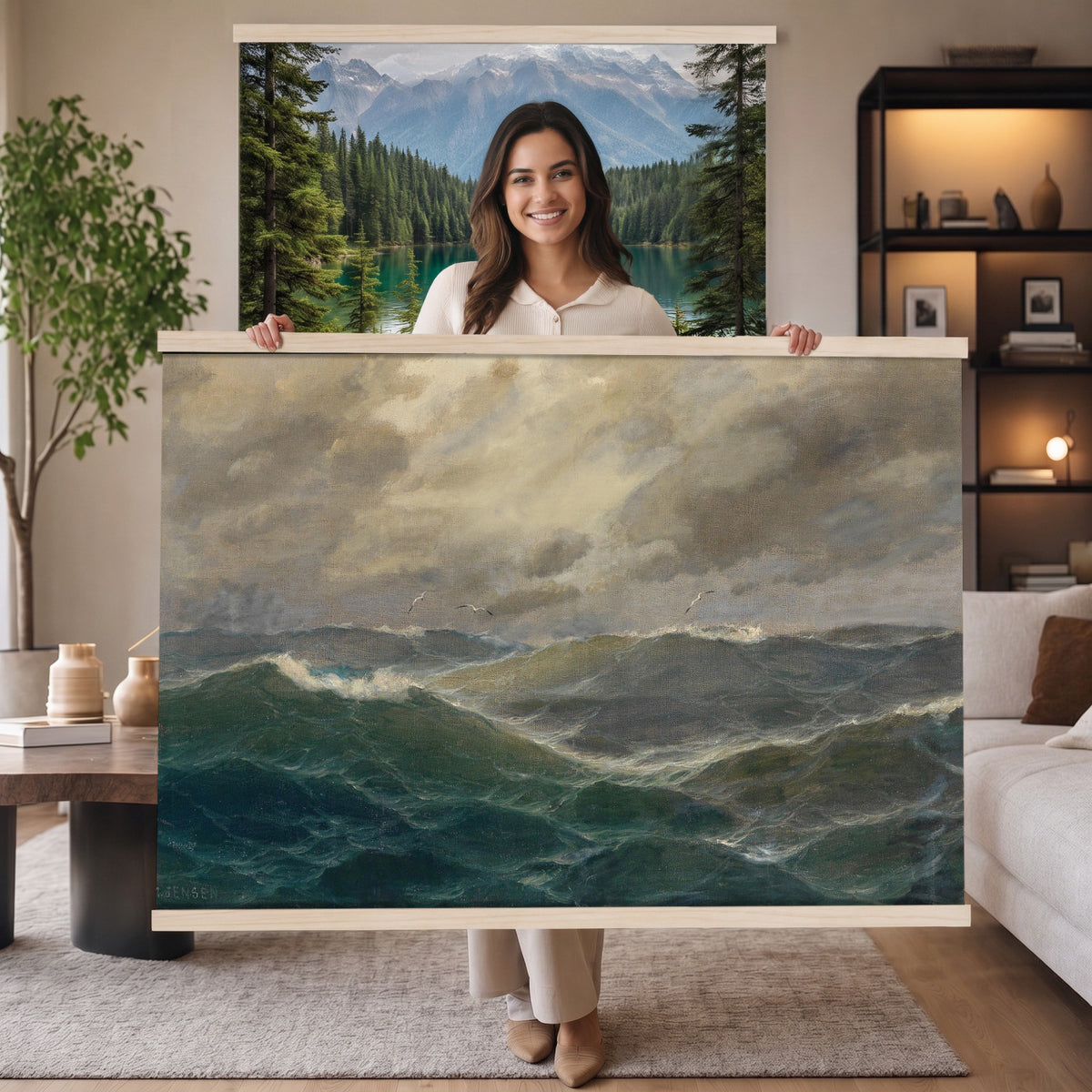 93539190-MGV-TP-30X20 - Realism oil painting tapestry wall hanging of "Stormy Sea" by Alfred Jensen, showing heavy breaking waves rolling under a dark storm sky, with white foam catching the last light on the water in deep grey-green waves with white foam under a heavy storm sky. Extra large wall art, made in the USA.