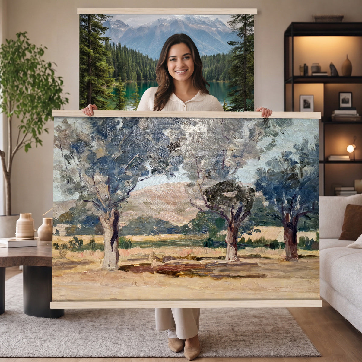38071069-MGV-TP-30X20 - Impressionism oil painting tapestry wall hanging of "Landscape" by Jane Sutherland, showing a sunlit open field, dry golden grasses, and slender eucalyptus trees leaning under a bright southern sky in warm golden field tones with soft sage-green eucalyptus foliage. Extra large wall art, made in the USA.