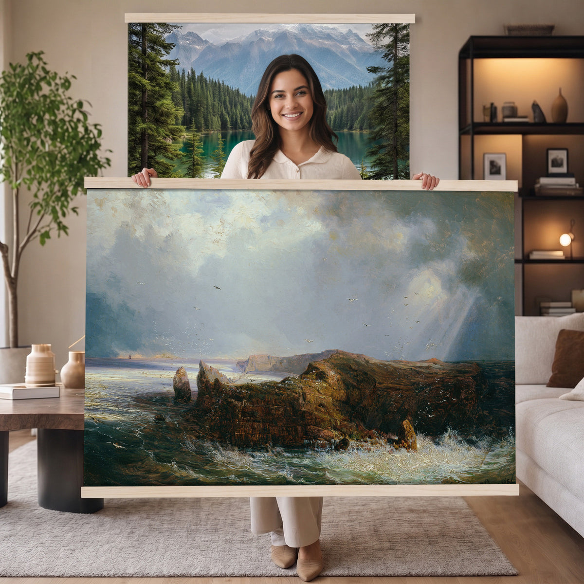 14088110-MGV-TP-30X20 - Romanticism oil study tapestry wall hanging of "Die Insel St Paul" by Joseph Selleny, showing the volcanic island of Saint Paul rising from a restless Indian Ocean, with breaking surf against dark rock walls in dark volcanic rock and grey-green ocean swells under a stormy sky. Extra large wall art, made in the USA.