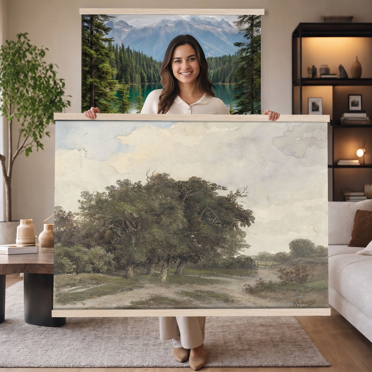 73613327-MGV-TP-30X20 - Realism oil painting tapestry wall hanging of "Landscape with Trees" by Johannes Warnardus Bilders, showing tall old trees along a quiet woodland path, with dappled light falling through the canopy onto open ground in warm brown trunks and layered green foliage under a soft grey sky. Extra large wall art, made in the USA.