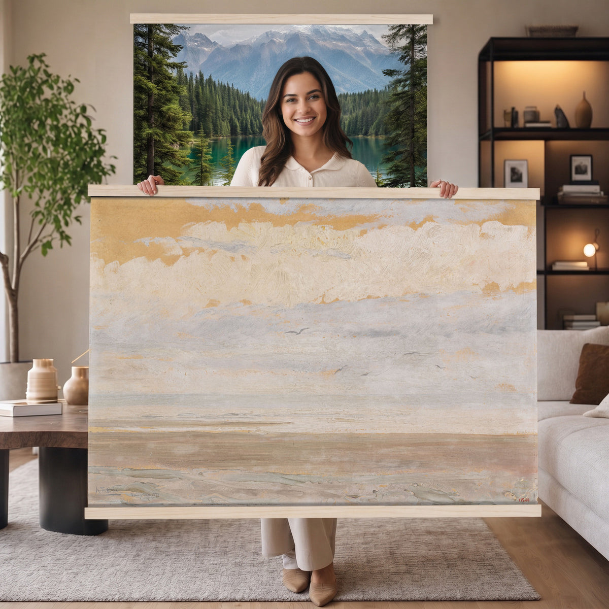 84110612-MGV-TP-30X20 - Art Nouveau pastel study tapestry wall hanging of "The Immensity" by Antoni Fabres, showing a wide empty shoreline meeting a soft pastel sky, with slow drifting clouds and a barely visible horizon line in pale pink, cream, and soft blue cloud tones over a quiet shore. Extra large wall art, made in the USA.