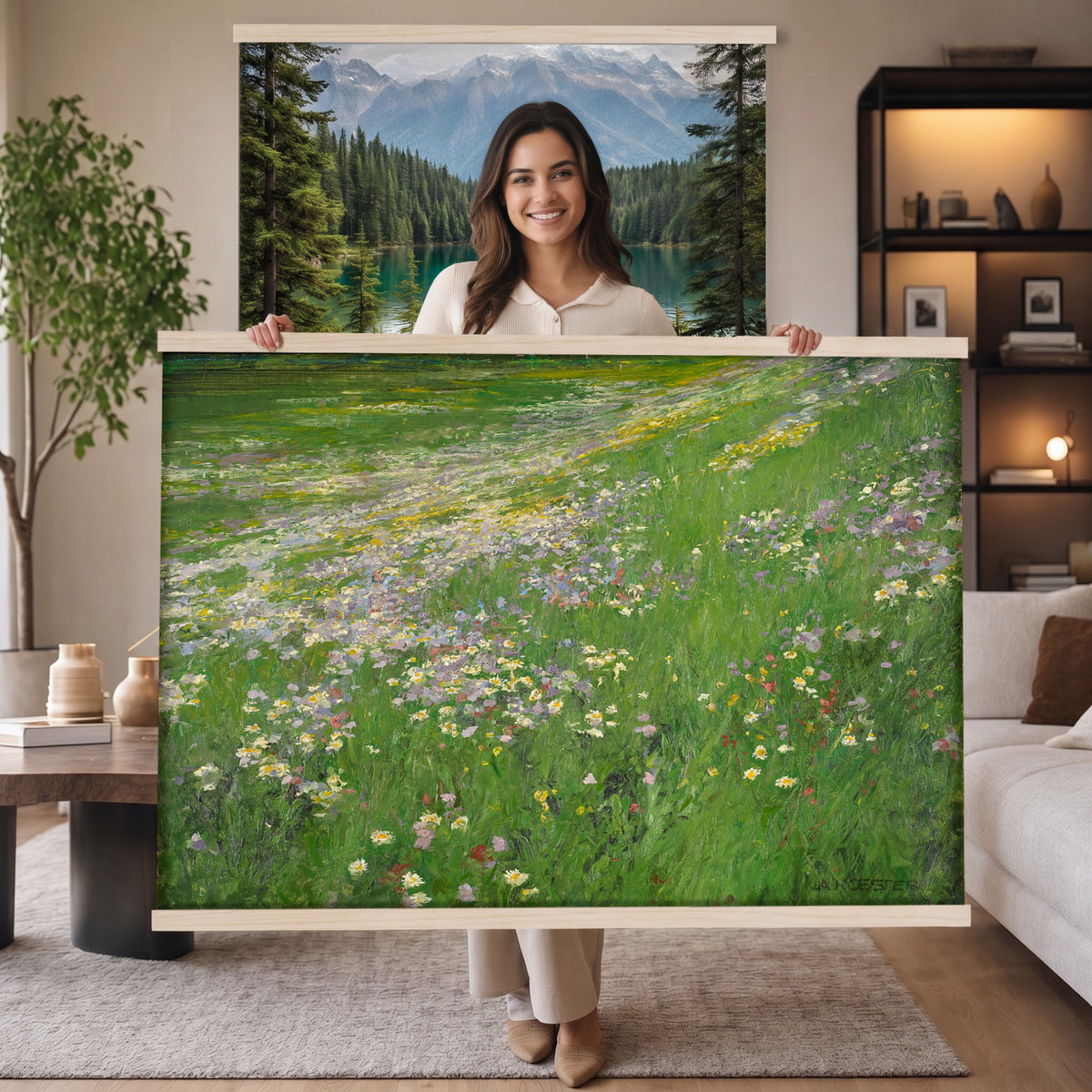 63535040-MGV-TP-30X20 - Impressionism oil painting tapestry wall hanging of "Wildflower Meadow", showing a wide meadow of daisies and summer wildflowers, painted in quick color strokes under warm open light in white daisies and yellow blooms across fresh green grass. Extra large wall art, made in the USA.