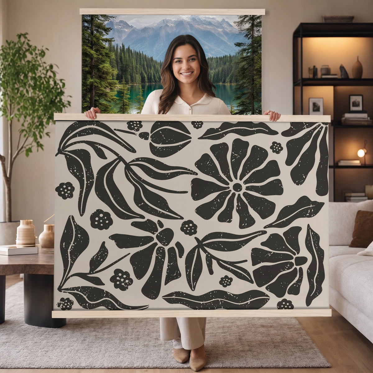 21342917-MGV-TP-30X20 - Mid Century Modern linocut print tapestry wall hanging of "Abstract Floral Linocut", showing simplified flower heads and stems cut into bold black shapes against clean white space in bold black shapes on a bright white ground. Extra large wall art, made in the USA.