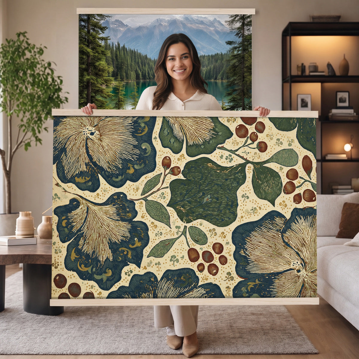 92325062-MGV-TP-30X20 - Art Nouveau pattern design tapestry wall hanging of "Sage Botanical Pattern" by William Morris, showing sage green stems, open flowers and layered foliage repeating in a balanced botanical weave in sage and olive green with soft cream botanical linework. Extra large wall art, made in the USA.