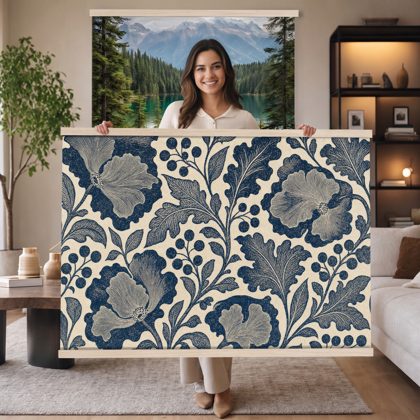 97130377-MGV-TP-30X20 - Art Nouveau pattern design tapestry wall hanging of "Indigo Botanical Pattern" by William Morris, showing trailing indigo stems, open blossoms and curling leaves repeating across the full width in deep indigo and cobalt blue with soft cream linework. Extra large wall art, made in the USA.