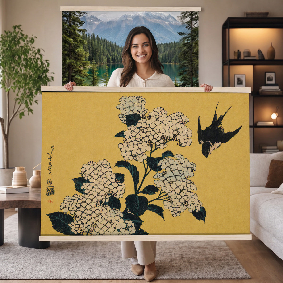 24787197-MGV-TP-30X20 - Ukiyo-e woodblock print tapestry wall hanging of "Hydrangea and Swallow" by Katsushika Hokusai, showing a swallow in flight above a full hydrangea head, drawn with the precise line of Japanese woodblock in soft blue hydrangea blooms with warm gold ground. Extra large wall art, made in the USA.