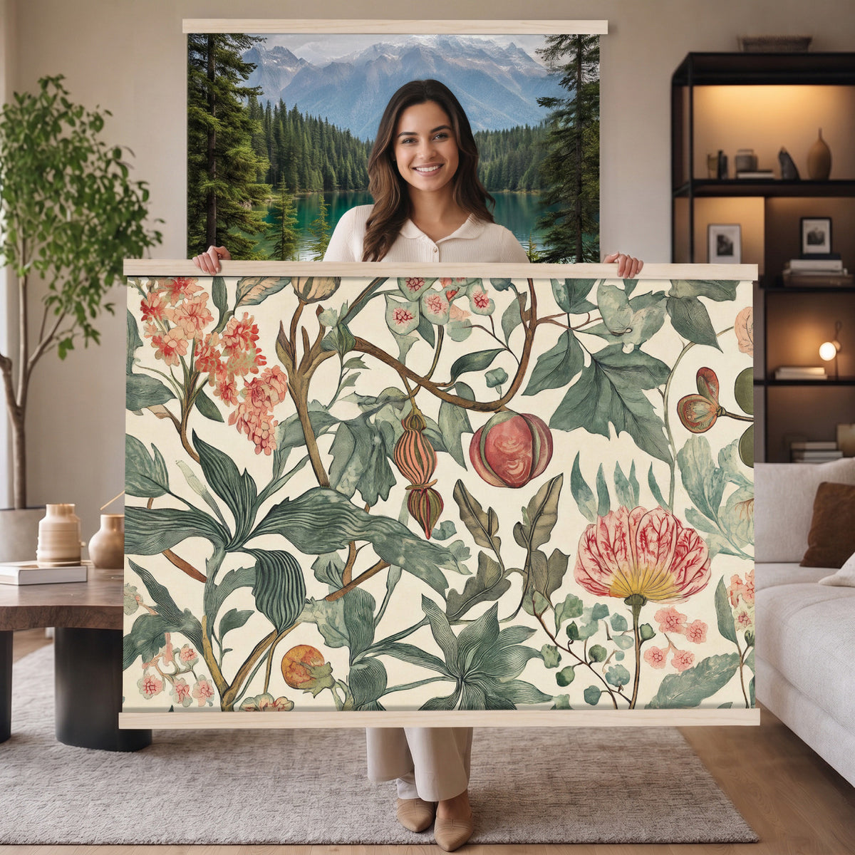 67322868-MGV-TP-30X20 - Art Nouveau pattern design tapestry wall hanging of "Pomegranate Botanical Pattern" by William Morris, showing a repeating weave of pomegranates, open blossoms and curling acanthus leaves in perfect balance in warm ruby fruit and deep green foliage on a cream ground. Extra large wall art, made in the USA.