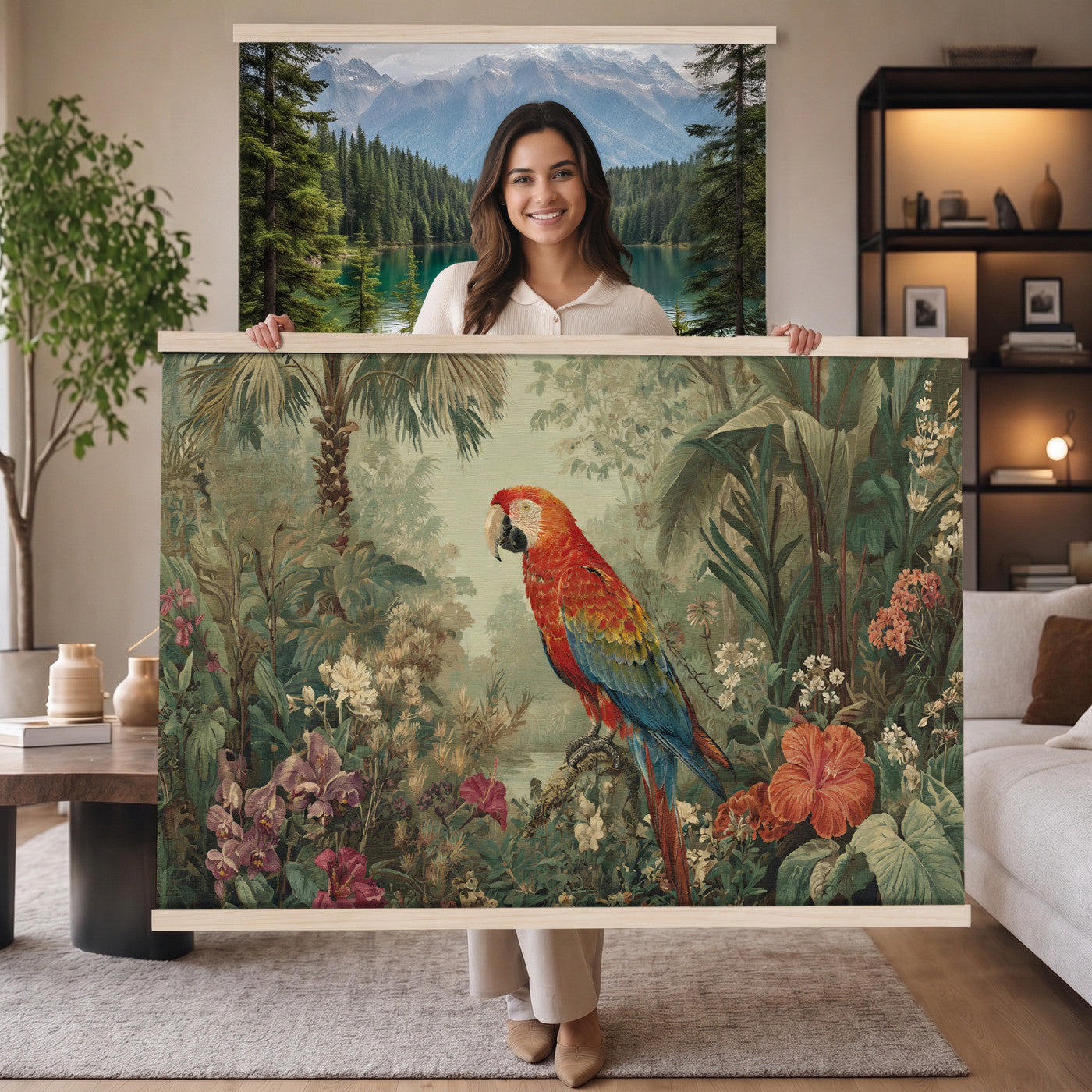 75232040-MGV-TP-30X20 - Botanical botanical illustration tapestry wall hanging of "Scarlet Macaw in the Jungle", showing a scarlet macaw perched among hibiscus flowers, palm leaves and thick rainforest growth in bright scarlet and gold plumage against deep jungle green. Extra large wall art, made in the USA.