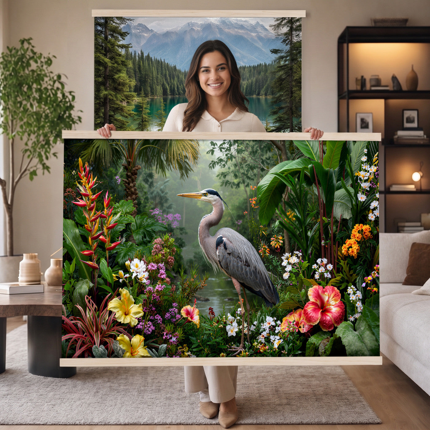 82504330-MGV-TP-30X20 - Botanical botanical illustration tapestry wall hanging of "Great Blue Heron in the Jungle", showing a great blue heron standing among hibiscus blooms, palm fronds and dense tropical foliage in deep jungle greens with red hibiscus and soft blue heron plumage. Extra large wall art, made in the USA.