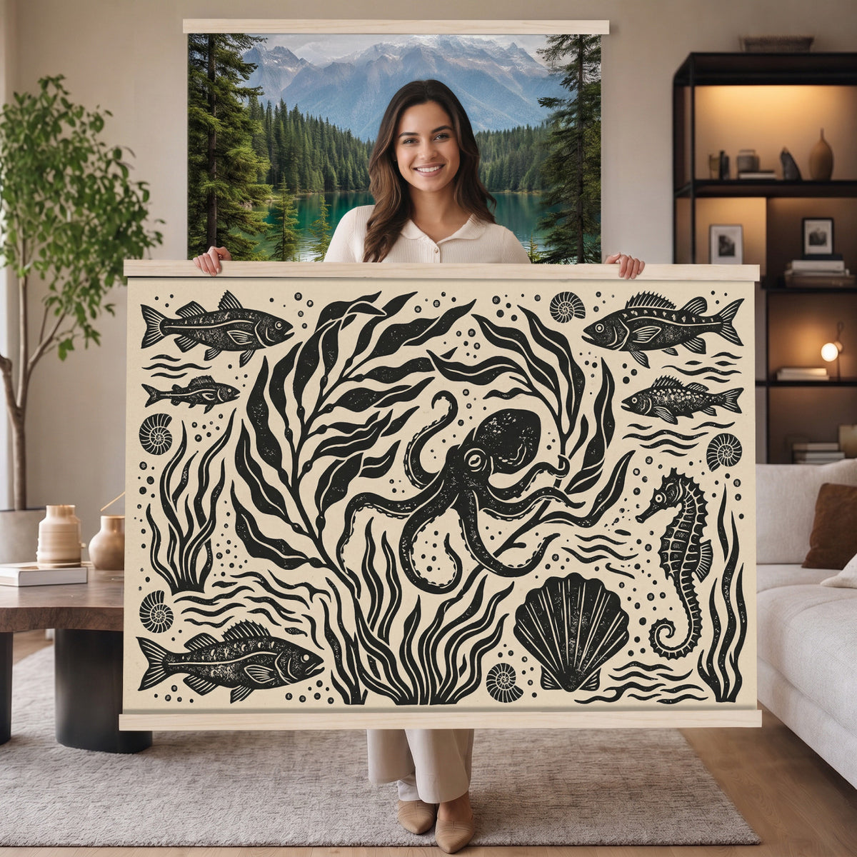 75988079-MGV-TP-30X20 - Folk Art linocut print tapestry wall hanging of "Ocean Life Panel", showing an octopus, seahorses, shells and curling waves cut into bold black and white folk art shapes in bold black linocut shapes on a cream ground. Extra large wall art, made in the USA.