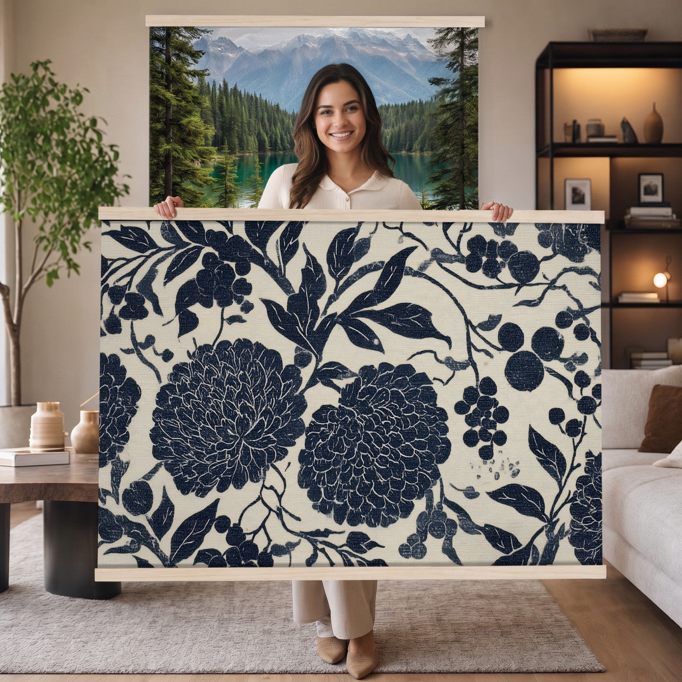 42507419-MGV-TP-30X20 - Chinoiserie ink block print tapestry wall hanging of "Chinoiserie Peony and Chrysanthemum Panel", showing peonies and chrysanthemums layered across a soft grey field, drawn in muted black line in black and soft grey linework on a warm neutral ground. Extra large wall art, made in the USA.