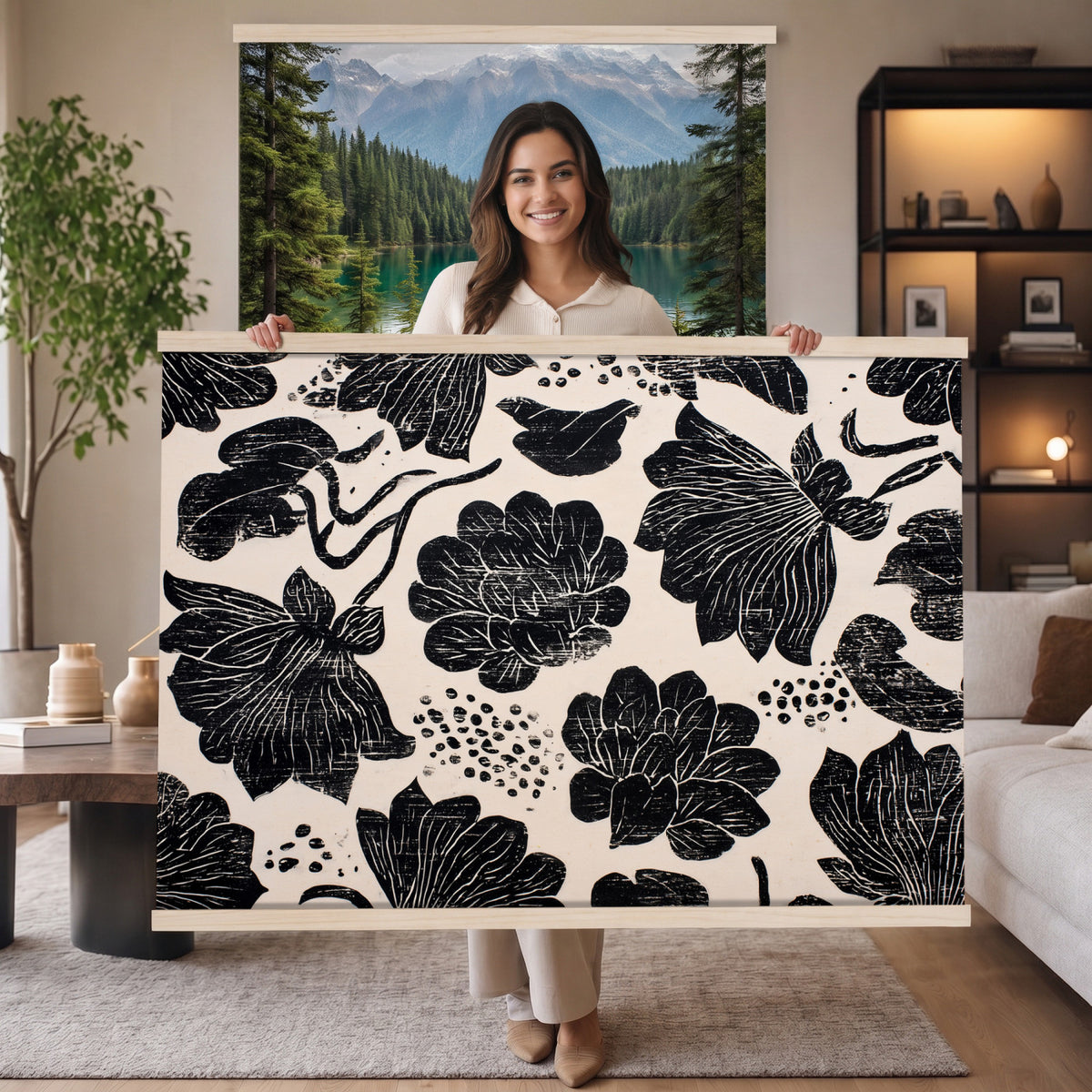 91793867-MGV-TP-30X20 - Chinoiserie ink block print tapestry wall hanging of "Chinoiserie Lotus Panel", showing open lotus flowers and broad water lily pads rising on tall stems, cut in bold black and white in deep black lotus linework on a soft white ground. Extra large wall art, made in the USA.