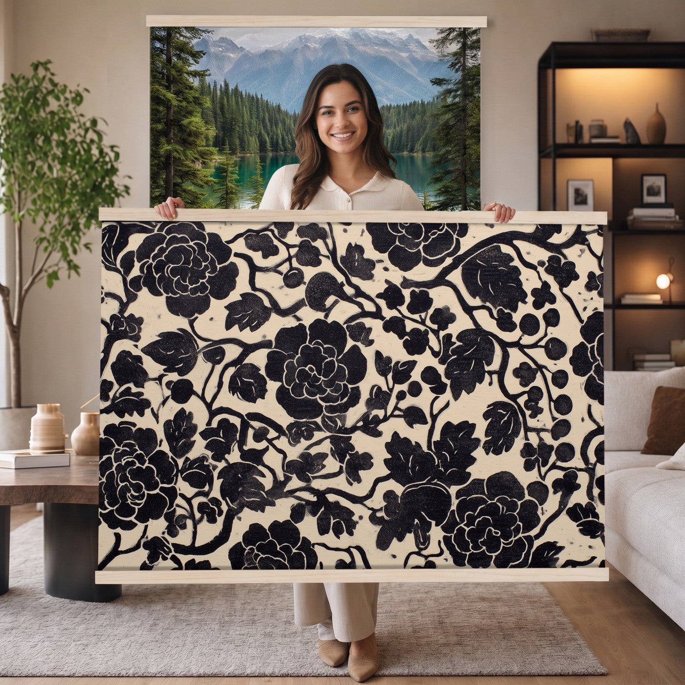 18660803-MGV-TP-30X20 - Chinoiserie ink block print tapestry wall hanging of "Chinoiserie Peony Panel", showing full peony blooms, curling stems and layered leaf work drawn in fine black line on a pale ground in deep black linework on a soft white ground. Extra large wall art, made in the USA.