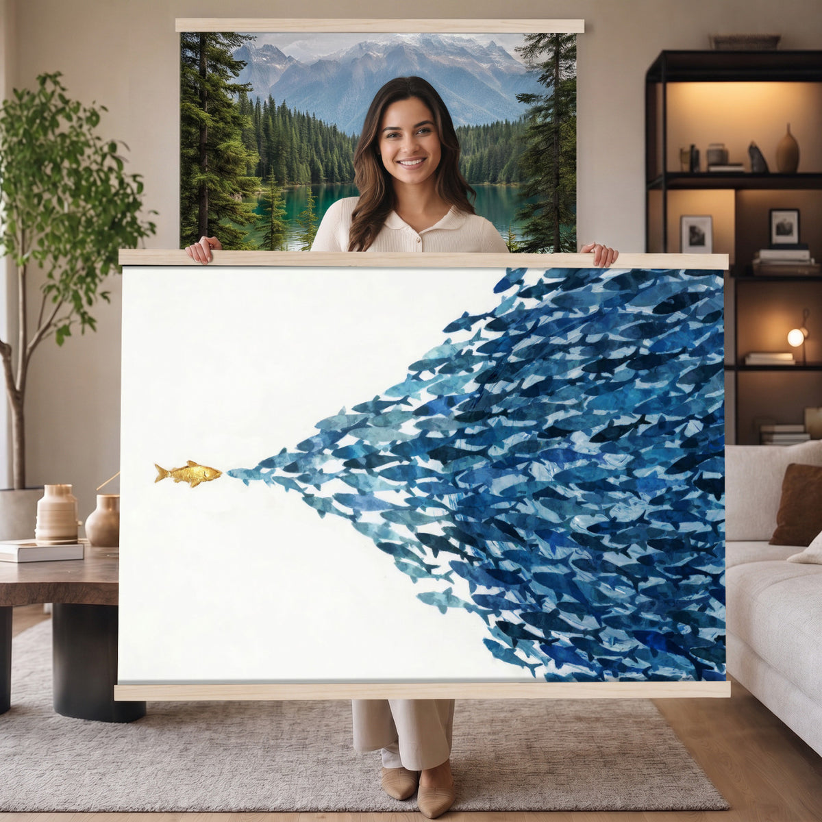 79089639TT-MGV-TP-30X20 - Abstract Blue Fish School Canvas Wall Art, Gold Foil Accent Marine Print