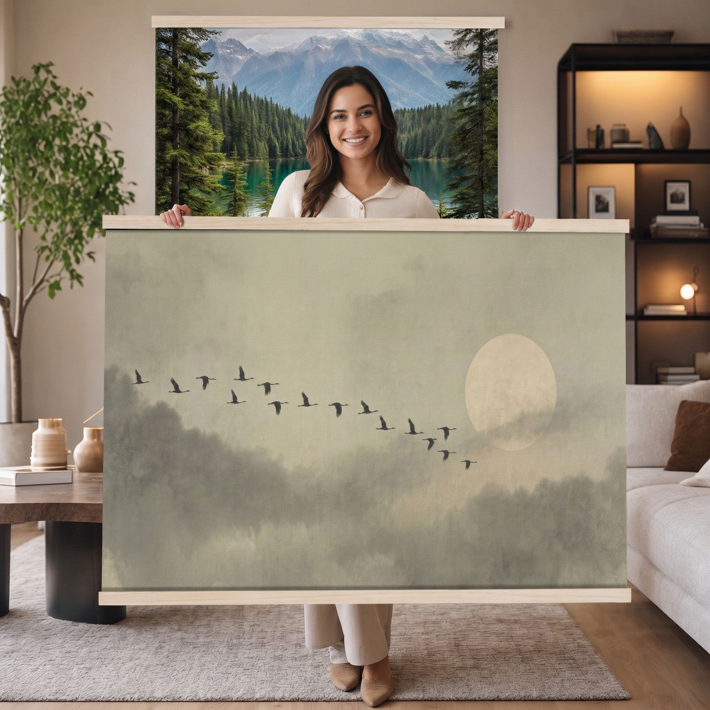 1209814BT-MGV-TP-30X20 - Flying Cranes Tapestry Wall Art, Misty Landscape with Moon, Sage Green Japandi Decor, Framed Print