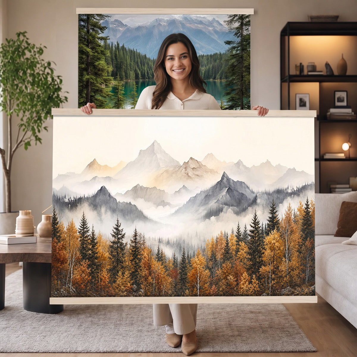 19544118-_Poster-30x20 - Misty Mountain Autumn Forest Canvas Wall Art - Watercolor Fall Nature Landscape Print