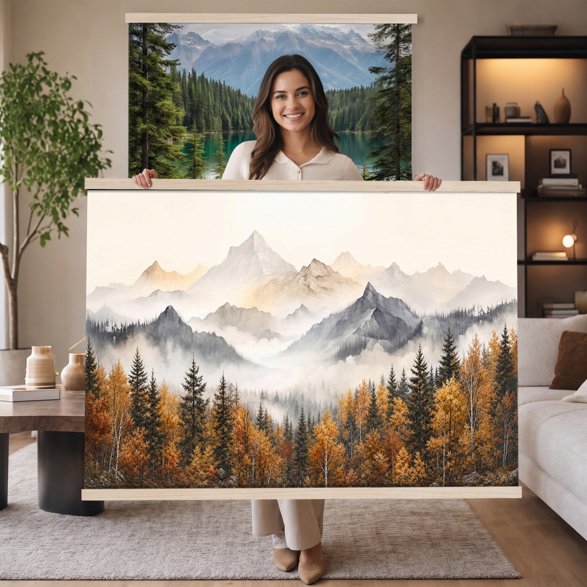 19544118-MGV-TP-30X20 - Misty Mountain Autumn Forest Canvas Wall Art - Watercolor Fall Nature Landscape Print