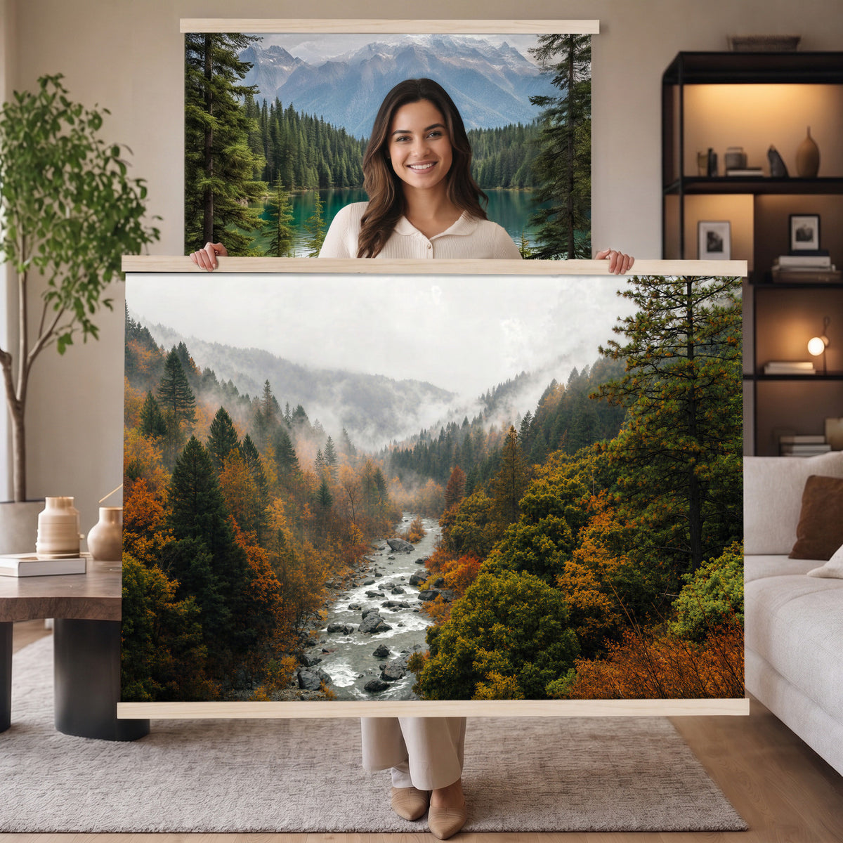 95540697-MGV-TP-30X20 - Misty River Mountain Valley Canvas Wall Art - Autumn Forest Landscape Nature Print