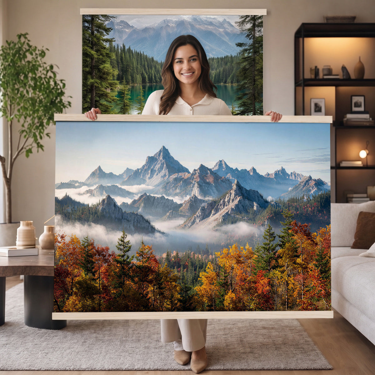 38847944-MGV-TP-30X20 - Majestic Mountain Peak Canvas Wall Art - Panoramic Autumn Forest Fog Landscape Print