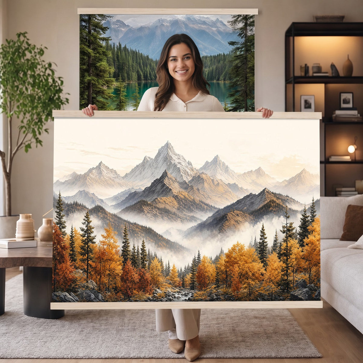 21309099-_Poster-30x20 - Extra Large Misty Mountain Autumn Forest Canvas Wall Art - Watercolor Fall Nature Landscape Print