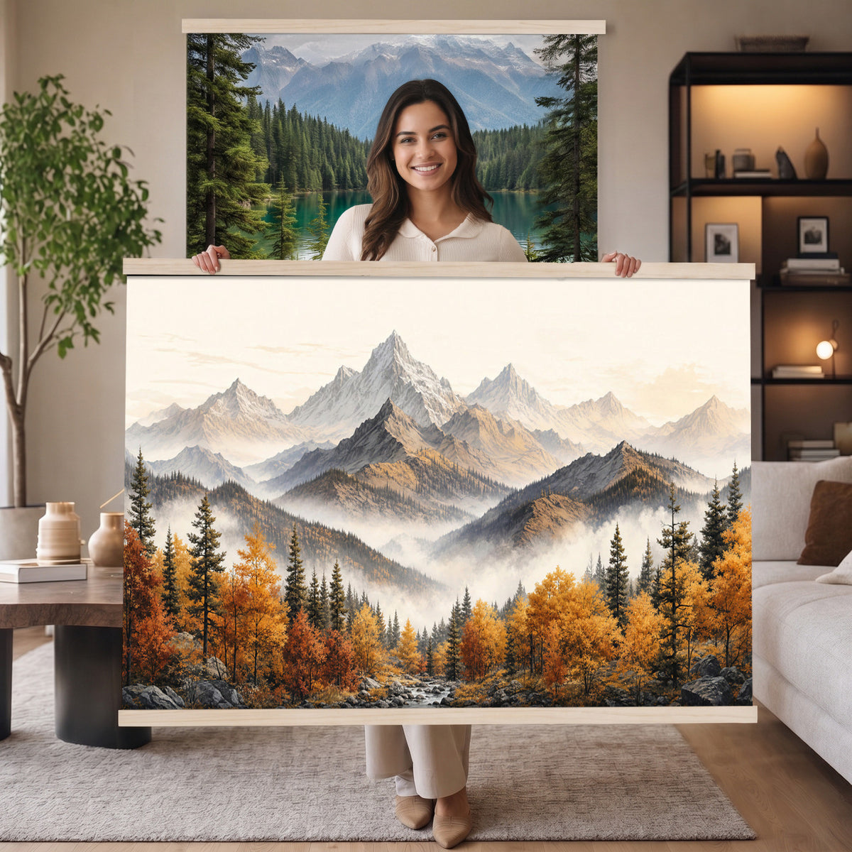 21309099-MGV-TP-30X20 - Extra Large Misty Mountain Autumn Forest Canvas Wall Art - Watercolor Fall Nature Landscape Print