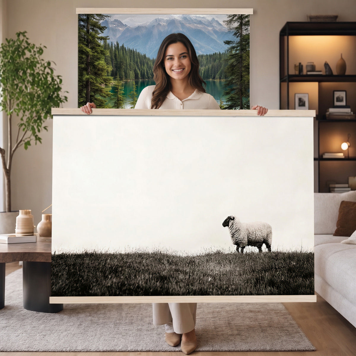 72749448-MGV-TP-30X20 - Minimalist Sepia Sheep Canvas Wall Art - Rustic Farmhouse Country Landscape Print