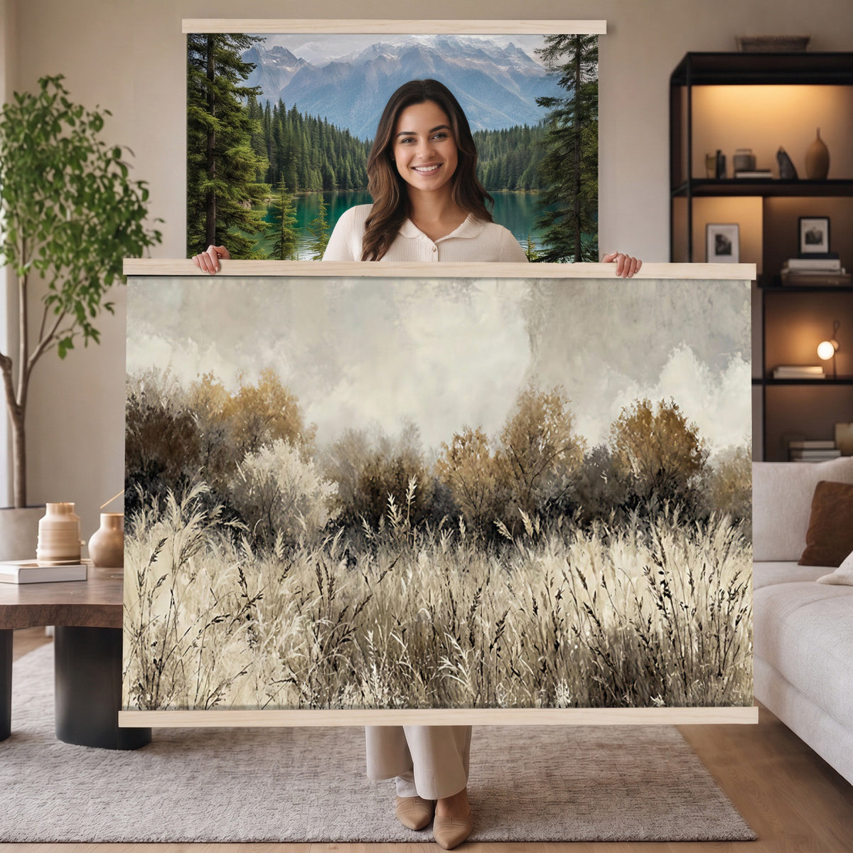 53959945-MGV-TP-30X20 - Muted Neutral Forest Landscape Canvas Wall Art - Vintage Rustic Wildflower Meadow Print